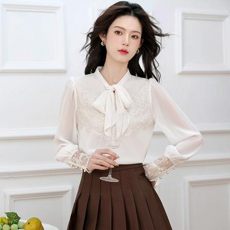 FA54975# 小香风系带雪纺衬衫女春秋新款白色睫毛蕾丝拼接打底衫上衣 服裝批發女裝批發服飾貨源