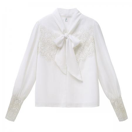 FA54975# 小香风系带雪纺衬衫女春秋新款白色睫毛蕾丝拼接打底衫上衣 服裝批發女裝批發服飾貨源