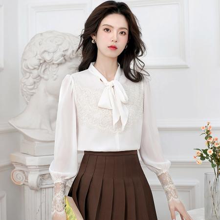 FA54975# 小香风系带雪纺衬衫女春秋新款白色睫毛蕾丝拼接打底衫上衣 服裝批發女裝批發服飾貨源