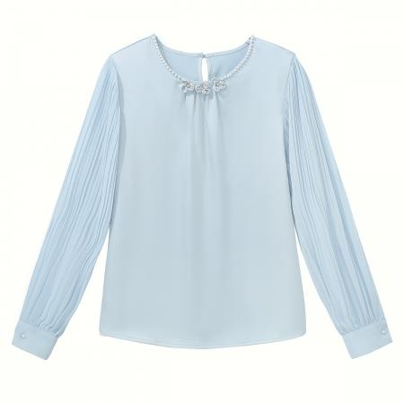 FA54976# 复古精致压褶灯笼袖衬衫女春秋新款立体花朵珍珠拼接缎面上衣 服裝批發女裝批發服飾貨源