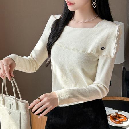FA54977# 有货秋冬蕾丝边荷叶亮丝针织女设计感贝壳扣方领上衣打底衫外穿 服裝批發女裝批發服飾貨源