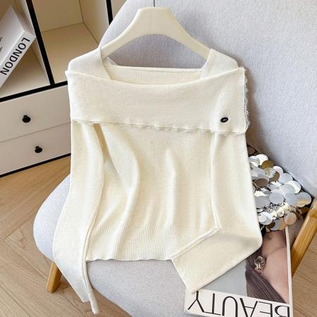 FA54977# 有货秋冬蕾丝边荷叶亮丝针织女设计感贝壳扣方领上衣打底衫外穿 服裝批發女裝批發服飾貨源