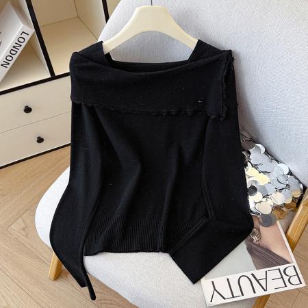 FA54977# 有货秋冬蕾丝边荷叶亮丝针织女设计感贝壳扣方领上衣打底衫外穿 服裝批發女裝批發服飾貨源