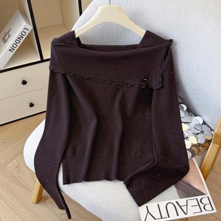 FA54977# 有货秋冬蕾丝边荷叶亮丝针织女设计感贝壳扣方领上衣打底衫外穿 服裝批發女裝批發服飾貨源