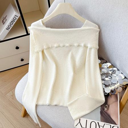 FA54977# 有货秋冬蕾丝边荷叶亮丝针织女设计感贝壳扣方领上衣打底衫外穿 服裝批發女裝批發服飾貨源