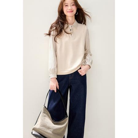 FA54978# 春装新款女装简约气质假两件拼接百搭长袖卫衣上衣 服裝批發女裝批發服飾貨源