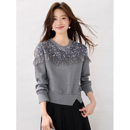 FA54979# 春装新款圆领套头珠片荷叶边打底衫上衣时尚百搭卫衣女 服裝批發女裝批發服飾貨源