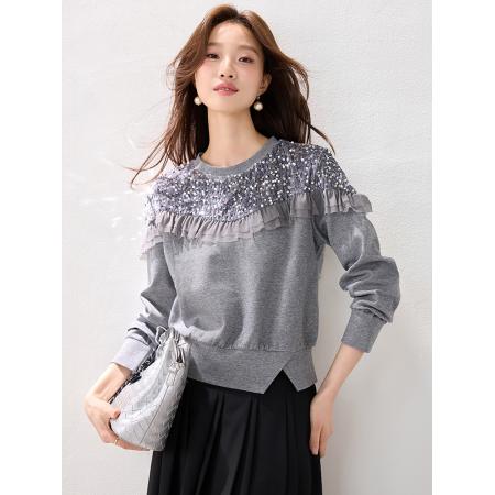FA54979# 春装新款圆领套头珠片荷叶边打底衫上衣时尚百搭卫衣女 服裝批發女裝批發服飾貨源
