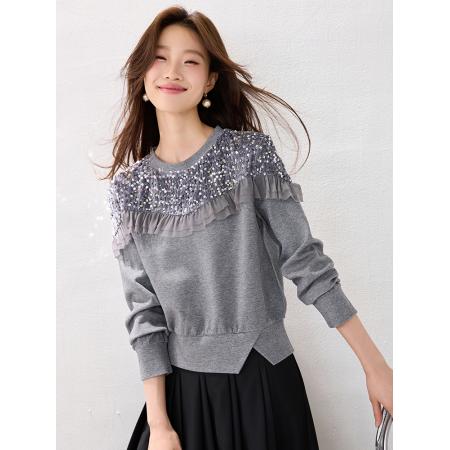FA54979# 春装新款圆领套头珠片荷叶边打底衫上衣时尚百搭卫衣女 服裝批發女裝批發服飾貨源