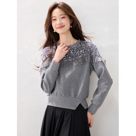 FA54979# 春装新款圆领套头珠片荷叶边打底衫上衣时尚百搭卫衣女 服裝批發女裝批發服飾貨源