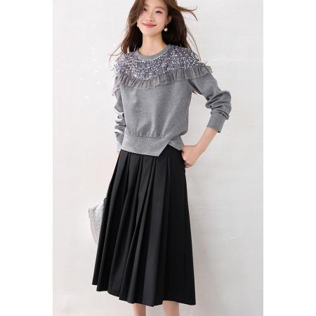 FA54979# 春装新款圆领套头珠片荷叶边打底衫上衣时尚百搭卫衣女 服裝批發女裝批發服飾貨源