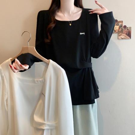 FA54981# 春季新款大码女韩版时尚洋气百搭收腰显瘦不规则T恤上衣 服裝批發女裝批發服飾貨源