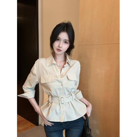 FA54983# 春款纯欲辣妹重工设计感双口袋饰衬衫女，配腰带 服裝批發女裝批發服飾貨源