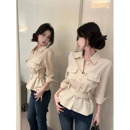 FA54983# 春款纯欲辣妹重工设计感双口袋饰衬衫女，配腰带 服裝批發女裝批發服飾貨源