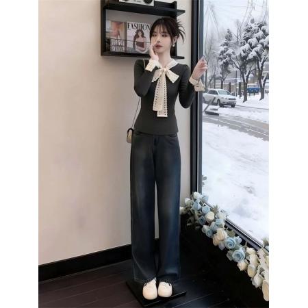 FA54986# 随心裁法式蝴蝶结绑带深灰色打底衫设计感女小众内搭上衣 服裝批發女裝批發服飾貨源