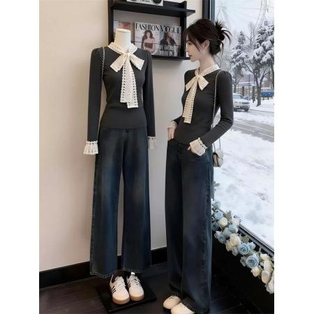 FA54986# 随心裁法式蝴蝶结绑带深灰色打底衫设计感女小众内搭上衣 服裝批發女裝批發服飾貨源