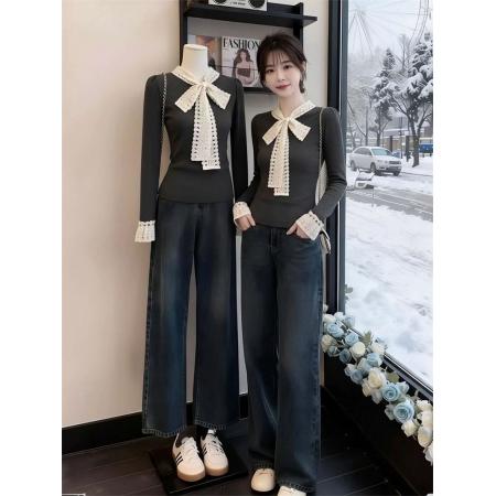 FA54986# 随心裁法式蝴蝶结绑带深灰色打底衫设计感女小众内搭上衣 服裝批發女裝批發服飾貨源