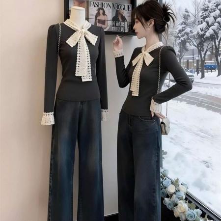 FA54986# 随心裁法式蝴蝶结绑带深灰色打底衫设计感女小众内搭上衣 服裝批發女裝批發服飾貨源