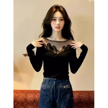 FA54987# 螺纹德绒设计感蕾丝网纱拼接黑色长袖上衣修身内搭打底衫 服裝批發女裝批發服飾貨源