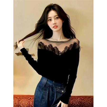 FA54987# 螺纹德绒设计感蕾丝网纱拼接黑色长袖上衣修身内搭打底衫 服裝批發女裝批發服飾貨源