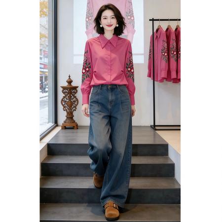 FA54988# 花容月貌早春新款气质高级感翻领衬衫女刺绣内搭衬衣 服裝批發女裝批發服飾貨源