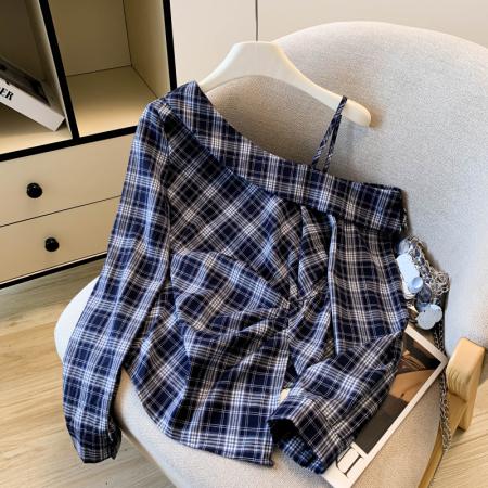 FA54989# 春季新款设计感复古斜肩格子衬衣女不规则收腰显瘦漂亮上衣 服裝批發女裝批發服飾貨源