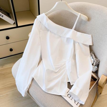 FA54989# 春季新款设计感复古斜肩格子衬衣女不规则收腰显瘦漂亮上衣 服裝批發女裝批發服飾貨源