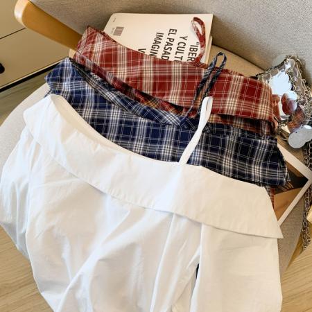 FA54989# 春季新款设计感复古斜肩格子衬衣女不规则收腰显瘦漂亮上衣 服裝批發女裝批發服飾貨源
