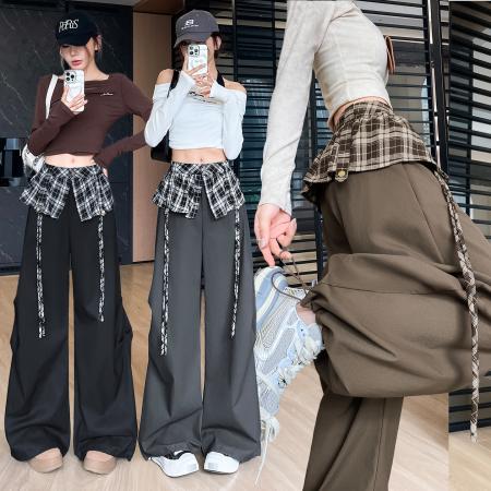 FA54990# 美式咖色格子工装裤女春夏新款设计感宽松垂感屁帘阔腿运动休闲裤 服裝批發女裝批發服飾貨源