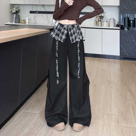 FA54990# 美式咖色格子工装裤女春夏新款设计感宽松垂感屁帘阔腿运动休闲裤 服裝批發女裝批發服飾貨源