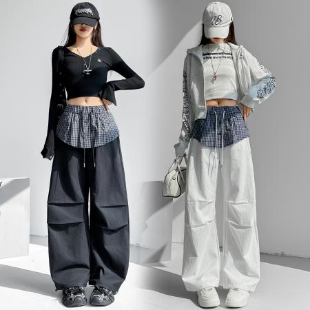 FA54993# 格子拼接屁帘休闲裤女春季新款中高腰宽松显瘦抽绳长裤 服裝批發女裝批發服飾貨源