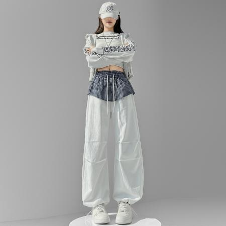 FA54993# 格子拼接屁帘休闲裤女春季新款中高腰宽松显瘦抽绳长裤 服裝批發女裝批發服飾貨源