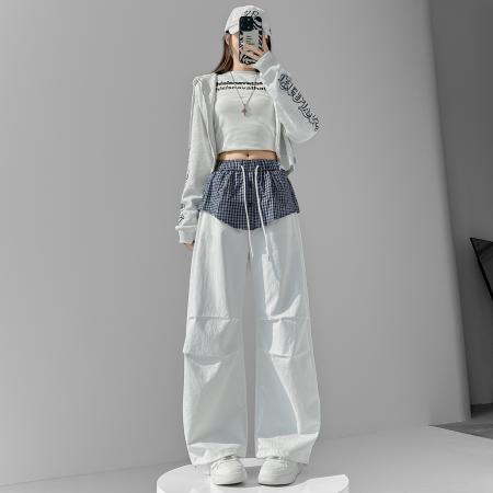 FA54993# 格子拼接屁帘休闲裤女春季新款中高腰宽松显瘦抽绳长裤 服裝批發女裝批發服飾貨源