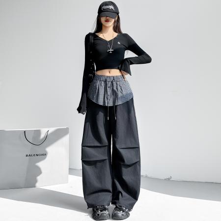 FA54993# 格子拼接屁帘休闲裤女春季新款中高腰宽松显瘦抽绳长裤 服裝批發女裝批發服飾貨源