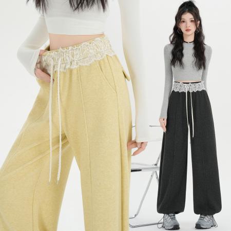 FA54994# 蕾丝花边阔腿裤女春秋季新款高腰宽松显瘦香蕉运动卫裤 服裝批發女裝批發服飾貨源