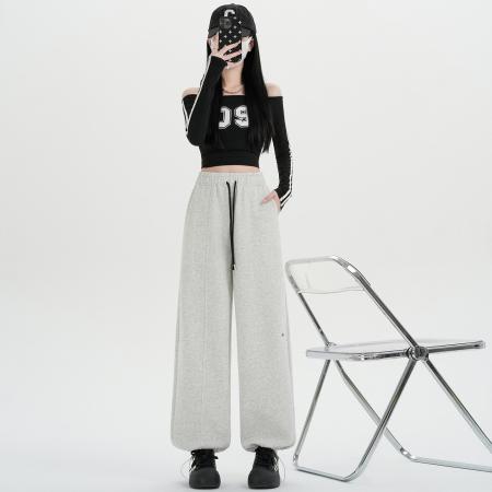 FA54995# 运动裤女春季新款时尚刺绣弯刀裤高腰百搭直筒休闲卫裤潮 服裝批發女裝批發服飾貨源