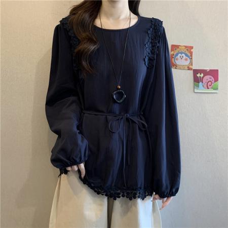 FA54996# 紫色蕾丝花边拼接长袖衬衫女大码胖mm设计感收腰显瘦系带上衣 服裝批發女裝批發服飾貨源