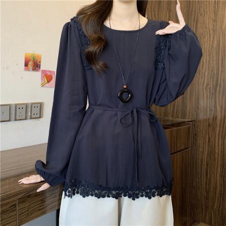 FA54996# 紫色蕾丝花边拼接长袖衬衫女大码胖mm设计感收腰显瘦系带上衣 服裝批發女裝批發服飾貨源