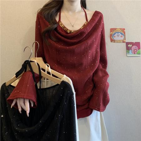FA54997# 御姐风红色假两件喇叭袖针织衫女大码胖mm荡领挂脖内搭打底衫 服裝批發女裝批發服飾貨源