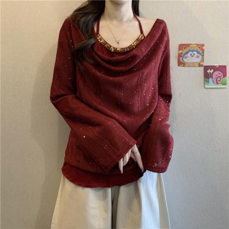 FA54997# 御姐风红色假两件喇叭袖针织衫女大码胖mm荡领挂脖内搭打底衫 服裝批發女裝批發服飾貨源