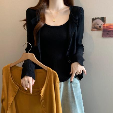 FA54998# 大码胖MM春季新款吊带圆领简约长袖开衫正肩两件套 服裝批發女裝批發服飾貨源