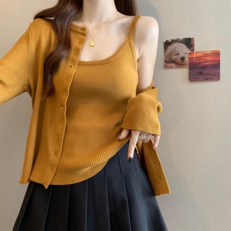 FA54998# 大码胖MM春季新款吊带圆领简约长袖开衫正肩两件套 服裝批發女裝批發服飾貨源