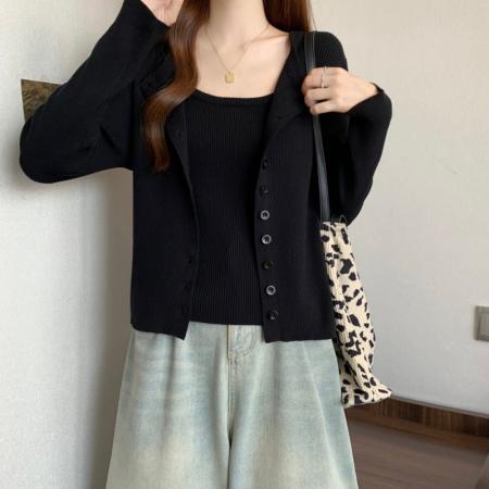 FA54998# 大码胖MM春季新款吊带圆领简约长袖开衫正肩两件套 服裝批發女裝批發服飾貨源