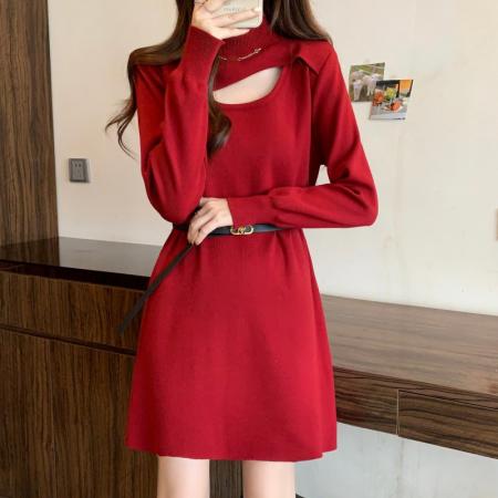 FA54999# 大码胖MM秋冬新款过年红镂空领系腰带套头上衣连衣裙毛衣 服裝批發女裝批發服飾貨源