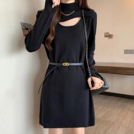 FA54999# 大码胖MM秋冬新款过年红镂空领系腰带套头上衣连衣裙毛衣 服裝批發女裝批發服飾貨源