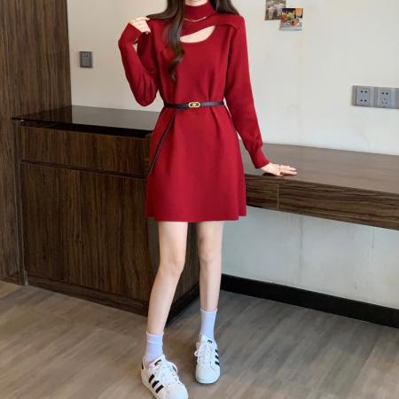 FA54999# 大码胖MM秋冬新款过年红镂空领系腰带套头上衣连衣裙毛衣 服裝批發女裝批發服飾貨源