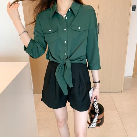 FA55000# 洋气短装雪纺衫衬衫女秋装新款七分袖打底衫绿色小衫上衣 服裝批發女裝批發服飾貨源