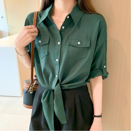 FA55000# 洋气短装雪纺衫衬衫女秋装新款七分袖打底衫绿色小衫上衣 服裝批發女裝批發服飾貨源