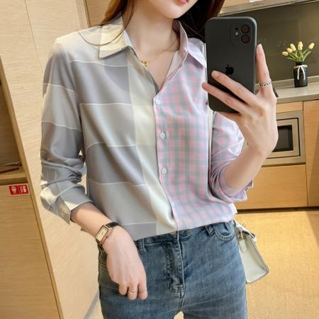 FA55001# 洋气休闲春季新款女装翻格子拼接雪纺衫上衣开衫衬衫打底衬衣 服裝批發女裝批發服飾貨源