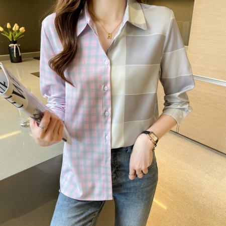 FA55001# 洋气休闲春季新款女装翻格子拼接雪纺衫上衣开衫衬衫打底衬衣 服裝批發女裝批發服飾貨源